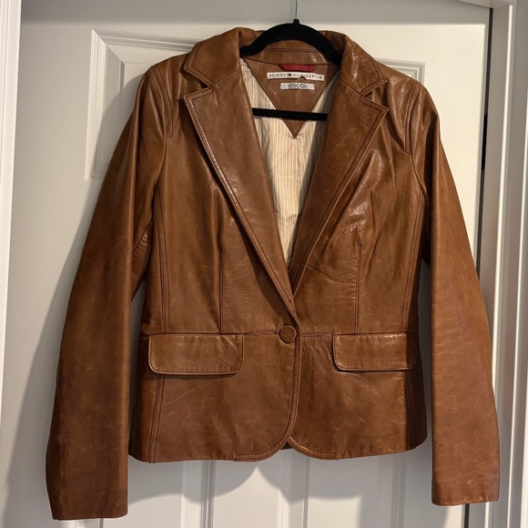 Caramel Brown Blazer-Style Tommy Hilfiger Leather Jacket - Picture 2 of 8